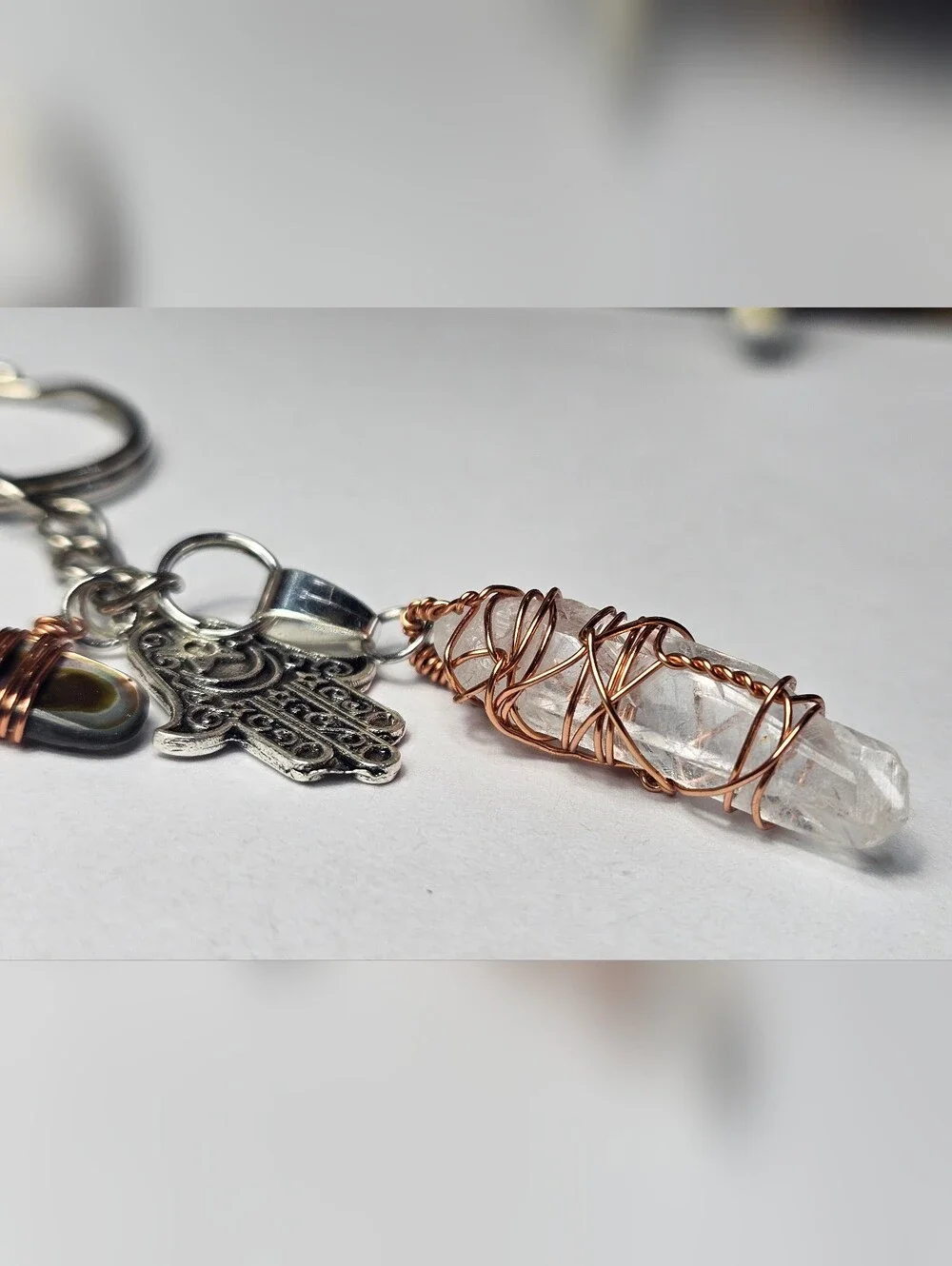 Crystal Point Wire-Wrap Keychain with Hamsa Charm